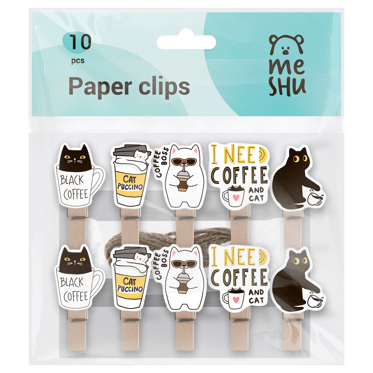 Зажимы для бумаг 7мм, MESHU "Right Cat", 10шт., деревянные, ассорти, опп пакет с европодвесом, верев