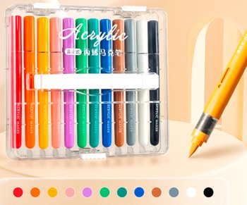 Маркер акриловый 12 цв. DI-173/DP-145 1-3мм, кисть, круглый цветной корпус с индикатором