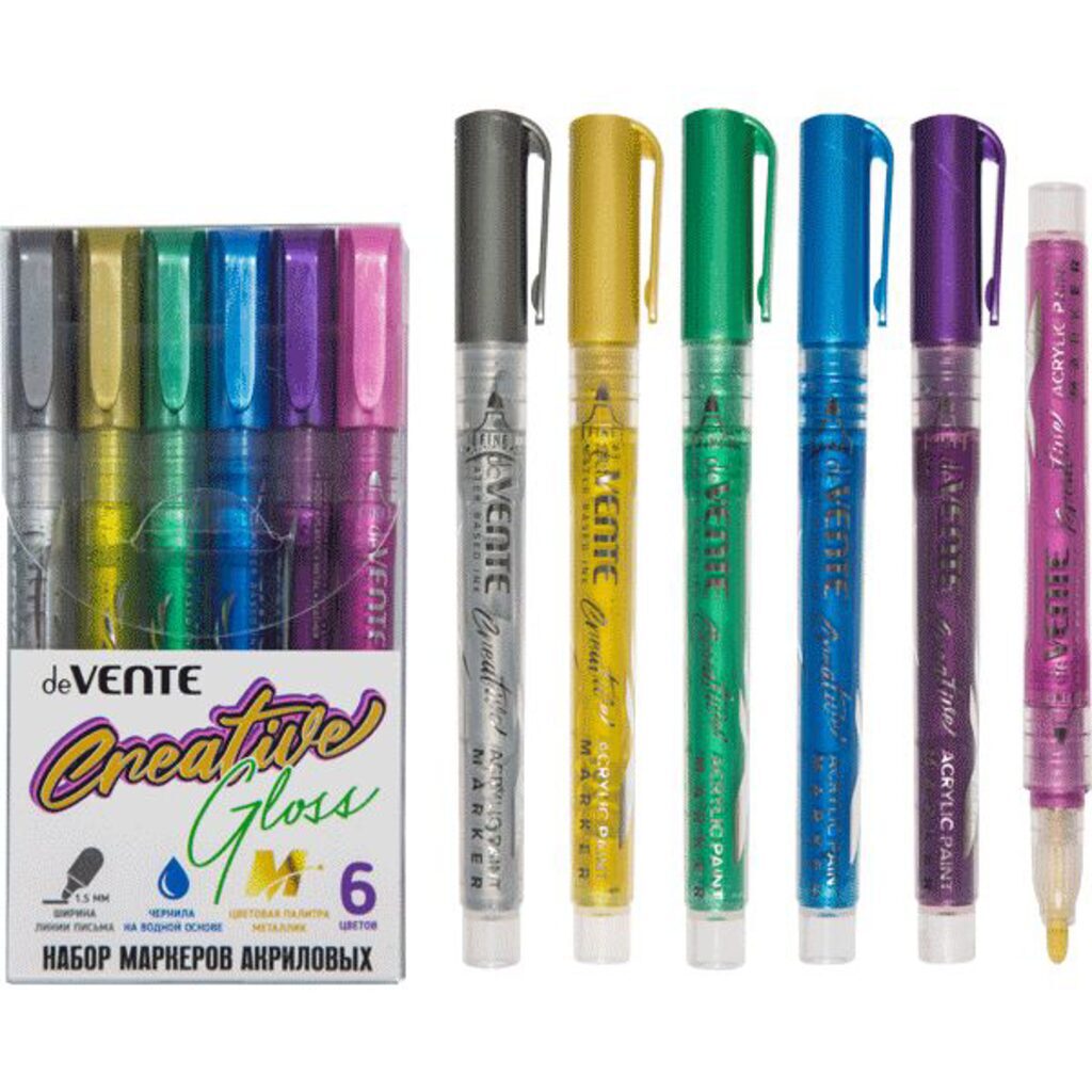 Набор маркеров акриловых 6цв. пулевидн."deVENTE.METALLIC", ширина линии 1,5 мм deVENTE