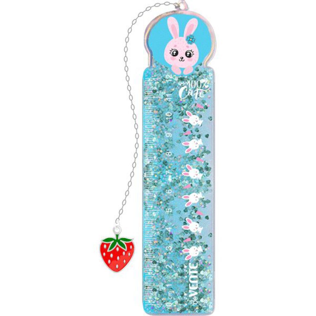 Линейка 15 см ,"100% Cute. Rabbit" ПВХ с рисунком и с блестками, с подвесом.deVENTE