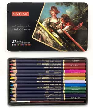 Карандаши 12 цв. Nyoni CD-402/NY-6 акварельные, деревянные, заточенные, в металлической коробке, кис