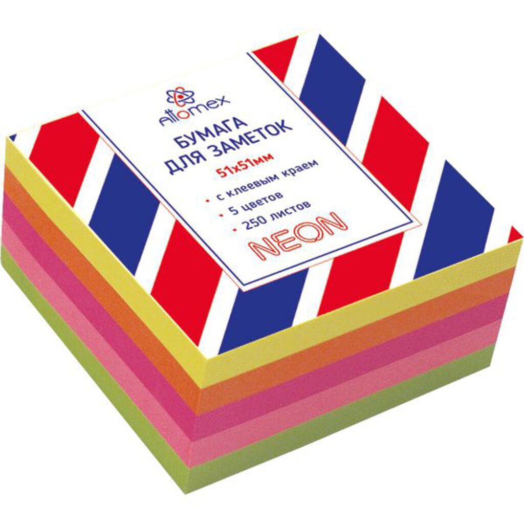 Бумага с липким краем (51*51мм) 250л, 5цв. НЕОН Attomex