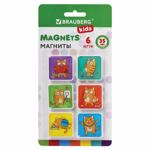 Магниты квадратные стеклянные 35 мм, НАБОР 6 шт., "КОТ-ЭНТУЗИАСТ", BRAUBERG KIDS