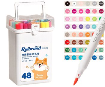 Маркер акриловый 48 цв. DN-27 1-4мм, кисть, круглый белый корпус, в пластиковом боксе DY977-48