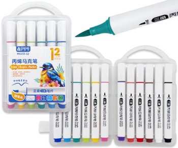 Маркер акриловый 12 цв. DM-72 1-5мм, кисть, белый 3хгранный корпус, в пластиковом боксе