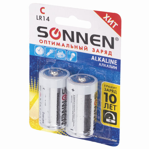 Батарейки КОМПЛЕКТ 2 шт., SONNEN Alkaline, С (LR14, 14А), алкалиновые