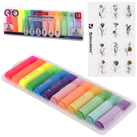 Набор текстовыделителей мини, 12 ЦВЕТОВ, BRAUBERG "ULTRA", 6 неоновых цветов + 6 пастельных цветов,