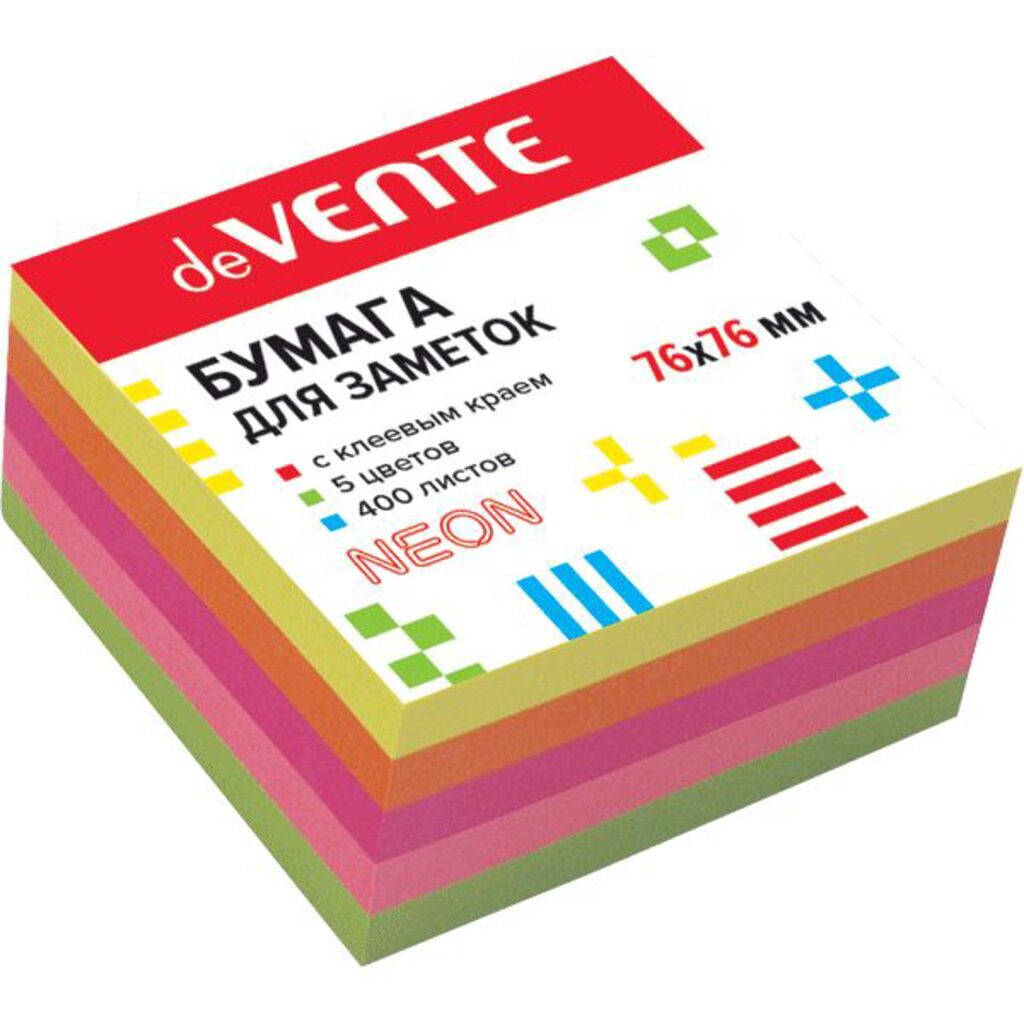 Бумага с липким краем (76*76мм) 400л, 5цв., НЕОН deVENTE