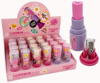 Точилка+ластик TOCHAIN DP-52 "Смайл" 7,5см, пластиковый корпус, на 1 отделение с накопителем, цвета