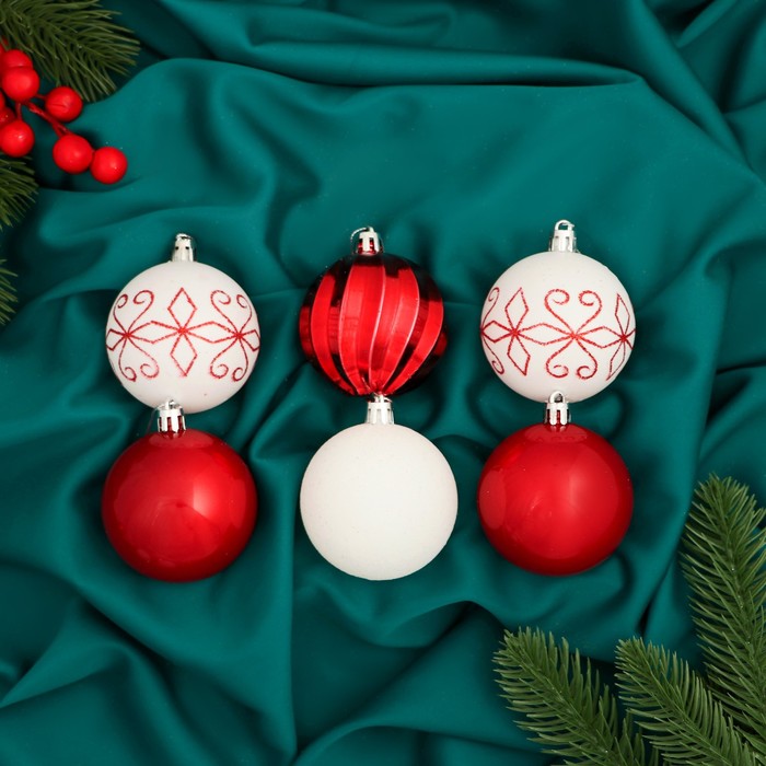Ёлочные игрушки «Агнет» узоры, шары новогодние, d=6 см, набор 12 шт., красно-белый