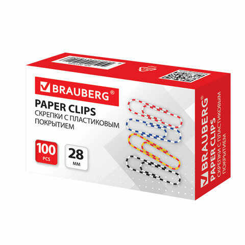 Скрепки BRAUBERG, 28 мм с цветными полосками, 100 шт.