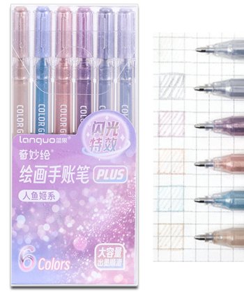 Ручки гелевые набор- 6 цв. DL-544/DN-319 "Светлая пастель" 1,0мм, прозрачный круглый корпус, с глитт