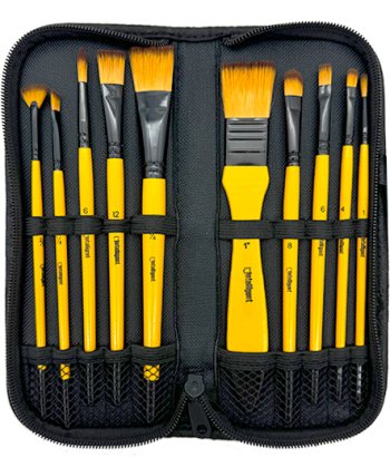 Кисти набор 10 шт. Синтетика DE-201 Плоские (№1/4, 3/4,1",4,6,8,12) круглые (№1,6) веерная № 2/0, ор