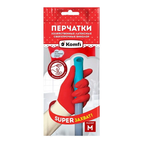 Перчатки хозяйственные прочные биколор "M" красный + белый латекс (67гр./пара)