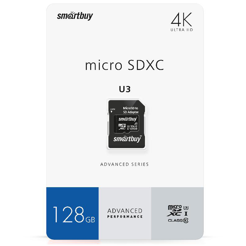 Карта памяти SmartBuy MicroSDXC 128GB PRO U3 Advanced, Class 10, скорость чтения 90Мб/сек