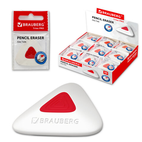Ластик BRAUBERG "Trios PRO", 36х36х9 мм, белый, треугольный, красный пластиковый держатель