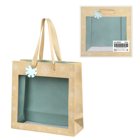 Пакет подарочный (1 шт.) новогодний, 20х8х20 см, "Snowflakes", прозрачное окно, крафт, ЗОЛОТАЯ СКАЗК