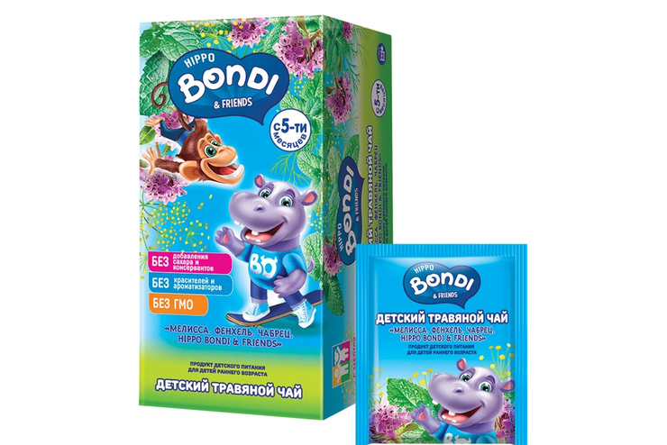 «HIPPO BONDI & FRIENDS», детский травяной чай «Мелисса. Фенхель. Чабрец», 25 пакетиков, 25 г