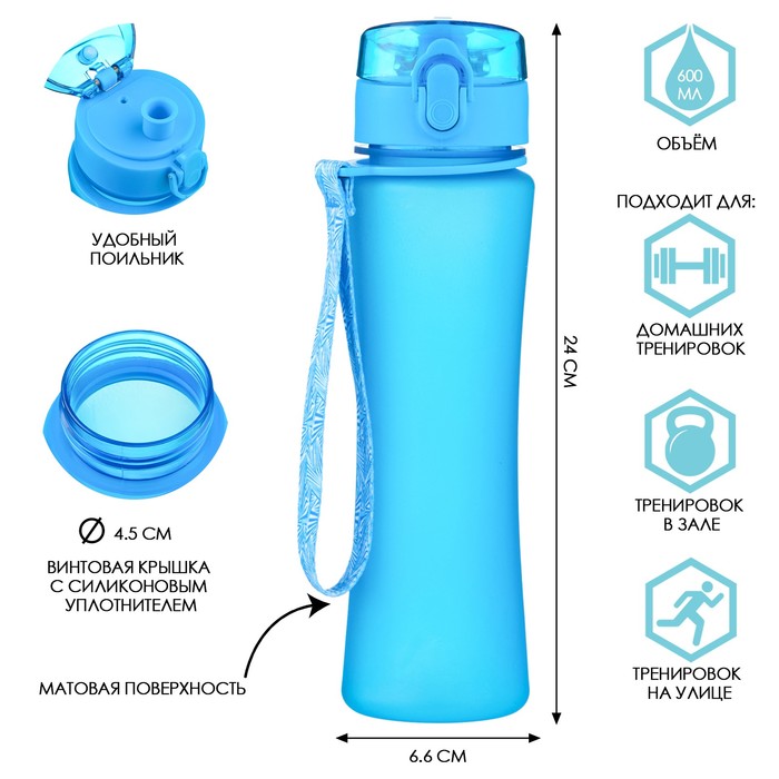 Бутылка для воды, с поильником, 600 мл, голубая   9932860