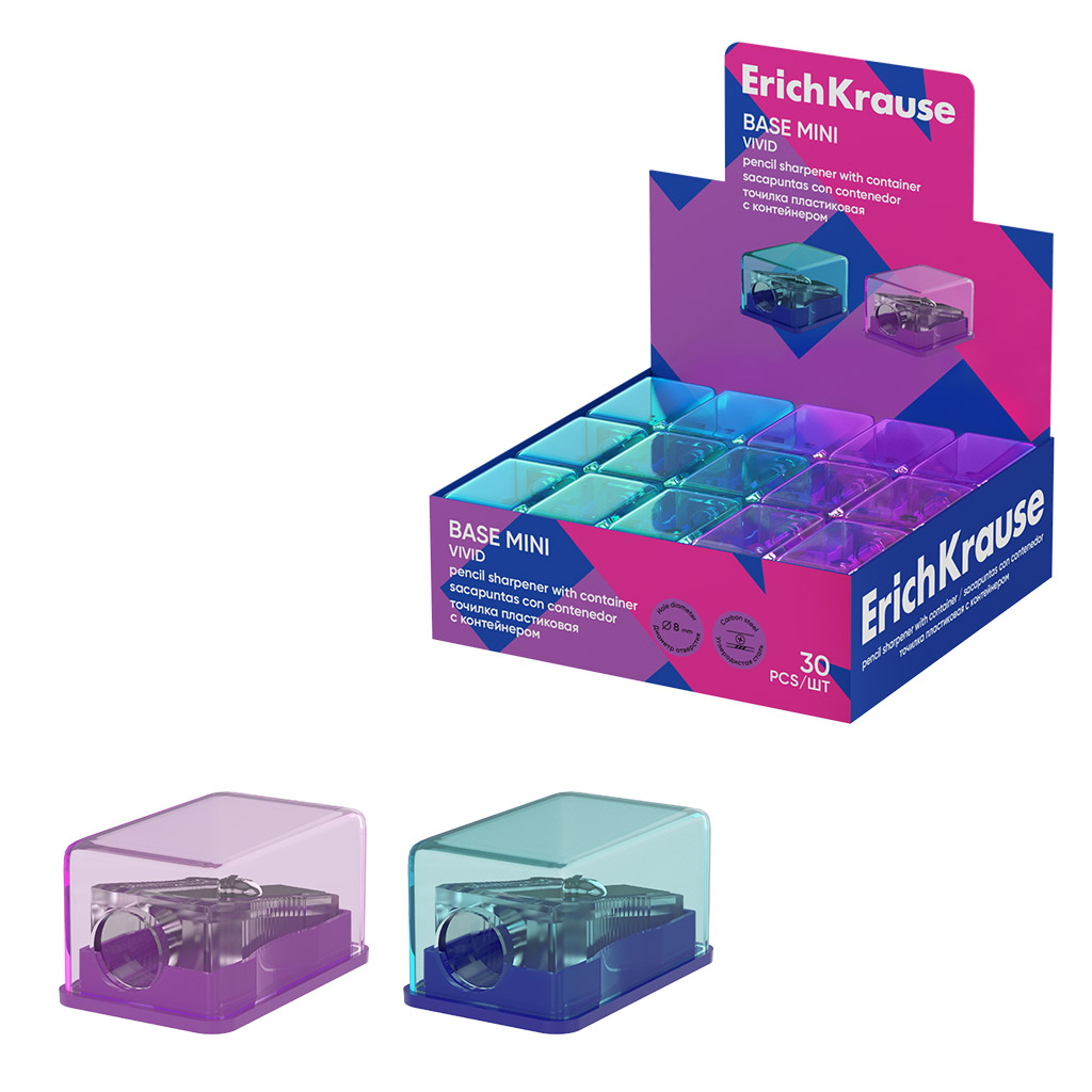Точилка пласт. с контейнером 1 отв. Base Mini, Vivid, ассорти 236425