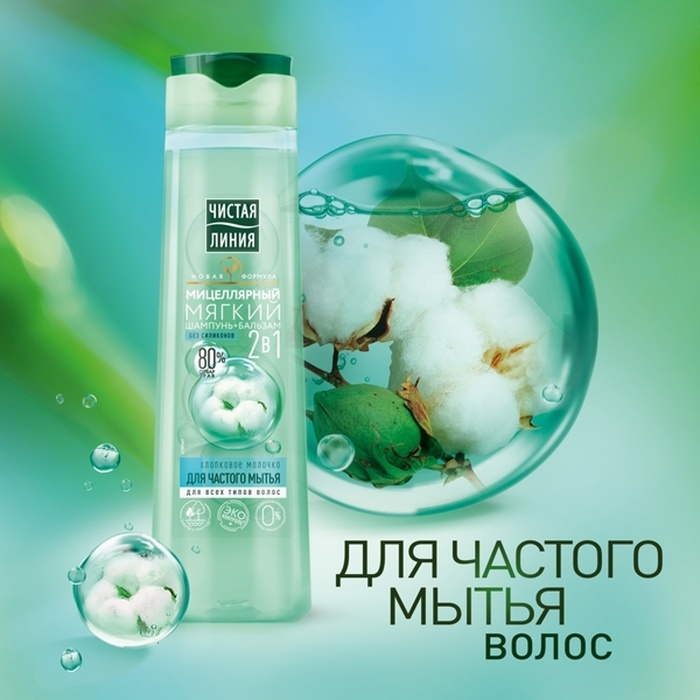 Чистая Линия шампунь 250 мл 2 в 1 Мицелляр.Хлопковое молочко