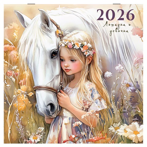 Календарь настенный перекидной 2026 г., BRAUBERG, 12 листов, 28,5х28,5 см, "Лошадка и девочка", 1169