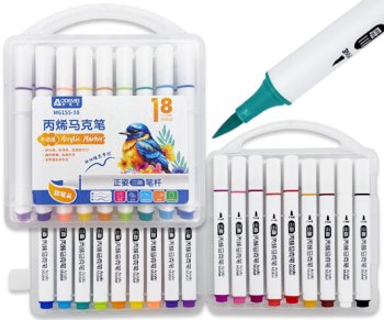 Маркер акриловый 18 цв. DM-73 1-5мм, кисть, белый 3хгранный корпус, в пластиковом боксе