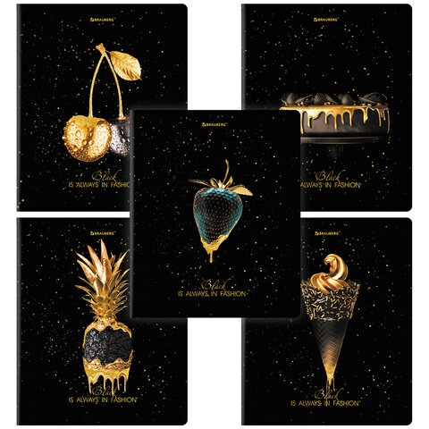 Тетрадь А5, 48 л., BRAUBERG, скоба, клетка, матовая ламинация, фольга, "Black&Gold" (микс в спайке),