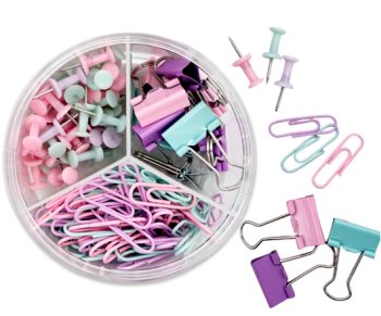 Набор канцелярских мелочей DO-502 "Пастельные" 162 предметов (скрепки, кнопки, зажимы) в пластиковом
