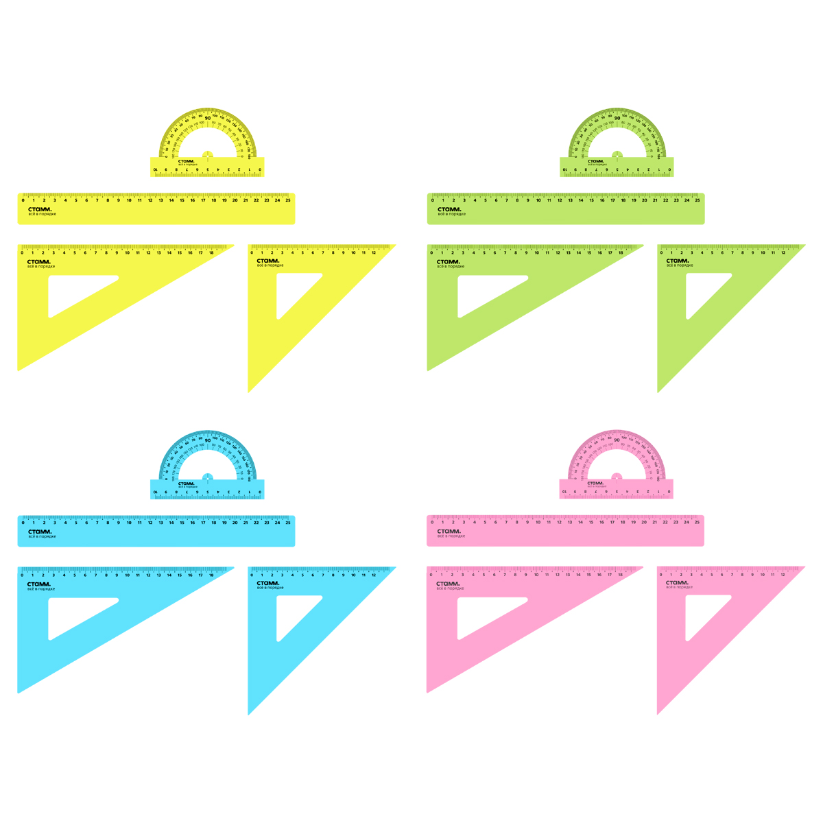 Набор чертежный СТАММ, размер L (линейка 25см, 2 треугольника, транспортир), прозрачный, неоновые цв