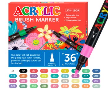 Маркер акриловый 36 цв. DN-20 1-5мм, кисть, круглый черный корпус, в к/к AW-1909