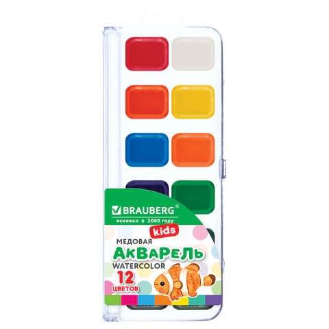 Краски акварельные BRAUBERG KIDS NEW, медовые, 12 цветов, квадратные кюветы, пластиковый пенал с евр