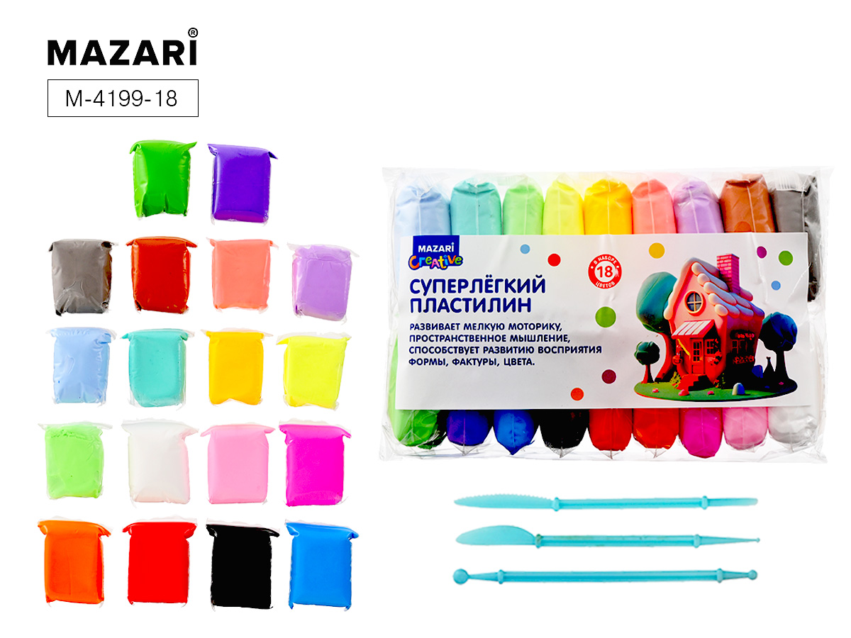 Пластилин супер легкий 18цв*13гр, 3 стека