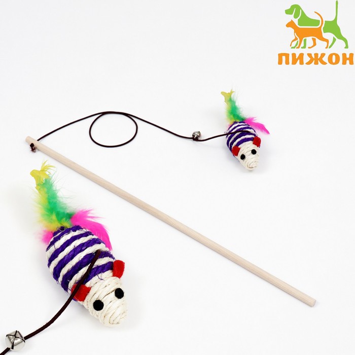 Дразнилка с  мышкой (7 см) на деревянной палочке, 40 см, синяя/белая   7806316
