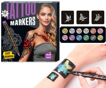 Маркер для аквагрима 12 цв. DP-215/DO-208 "Металлик" 1-5мм, кисть, круглый черный корпус, в к/кор AW