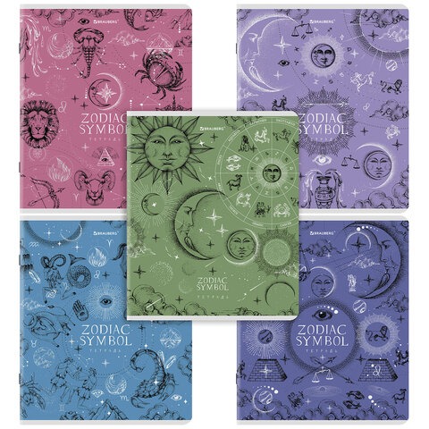 Тетрадь А5, 48 л., BRAUBERG, скоба, клетка, матовая ламинация, фольга, "Zodiac Symbol" (микс в спайк