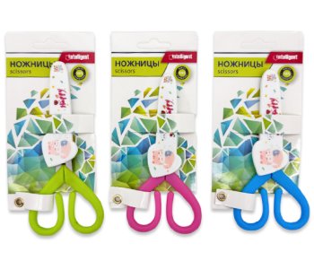 Ножницы детские INTELLIGENT DK-216 130мм "Happy" с овальными пластиковыми ручками, в чехле, ассорти,