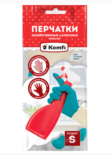 Перчатки хозяйственные биколор "S, M, L" бежевый + бирюзовый латекс (47гр./пара)