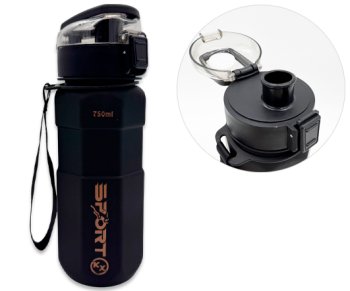 Бутылка для воды DN-203 750мл, 22,5х7см, черный матовый пластик, с ремешком