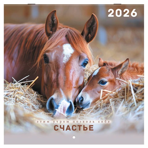 Календарь настенный перекидной 2026 г., BRAUBERG, 12 листов, 28,5х28,5 см, "Благородные лошади", 116