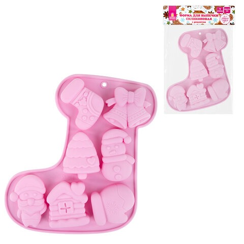 Форма для выпечки новогодняя 23х19 см, "Сапожок", силикон, 7 ячеек, рецепт, ЗОЛОТАЯ СКАЗКА, 592470