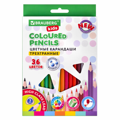 Карандаши цветные BRAUBERG KIDS NEW, 36 цв, трехгранные, 3 мм, 182003