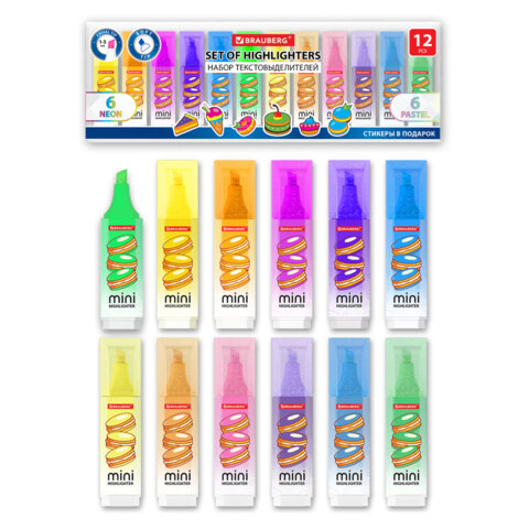 Набор текстовыделителей мини с принтами, 12 ЦВЕТОВ, BRAUBERG, 6 неоновых цветов + 6 пастельных цвето
