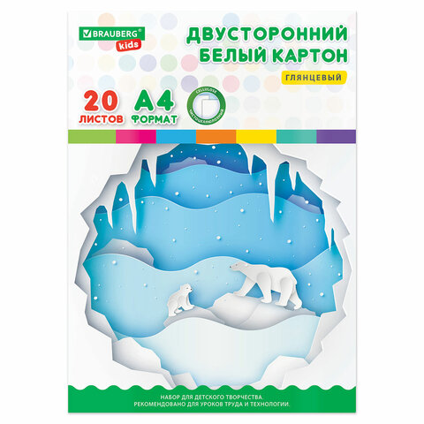 Картон белый А4 МЕЛОВ. (белый оборот), 20 л., в папке, BRAUBERG KIDS