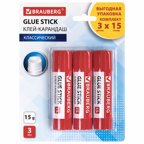 Клей-карандаш 15 г BRAUBERG, 3 штуки на блистере