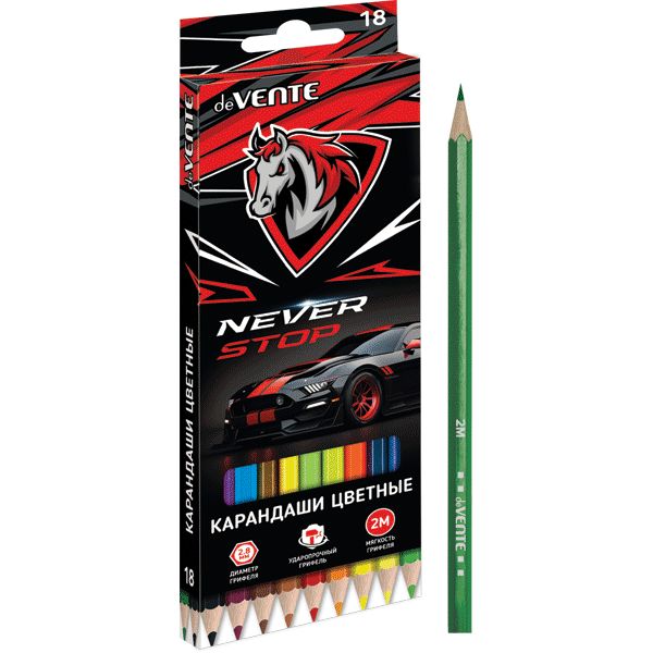 Карандаши цвет. 18цв deVENTE Never Stop 2М, шестигранные 216720