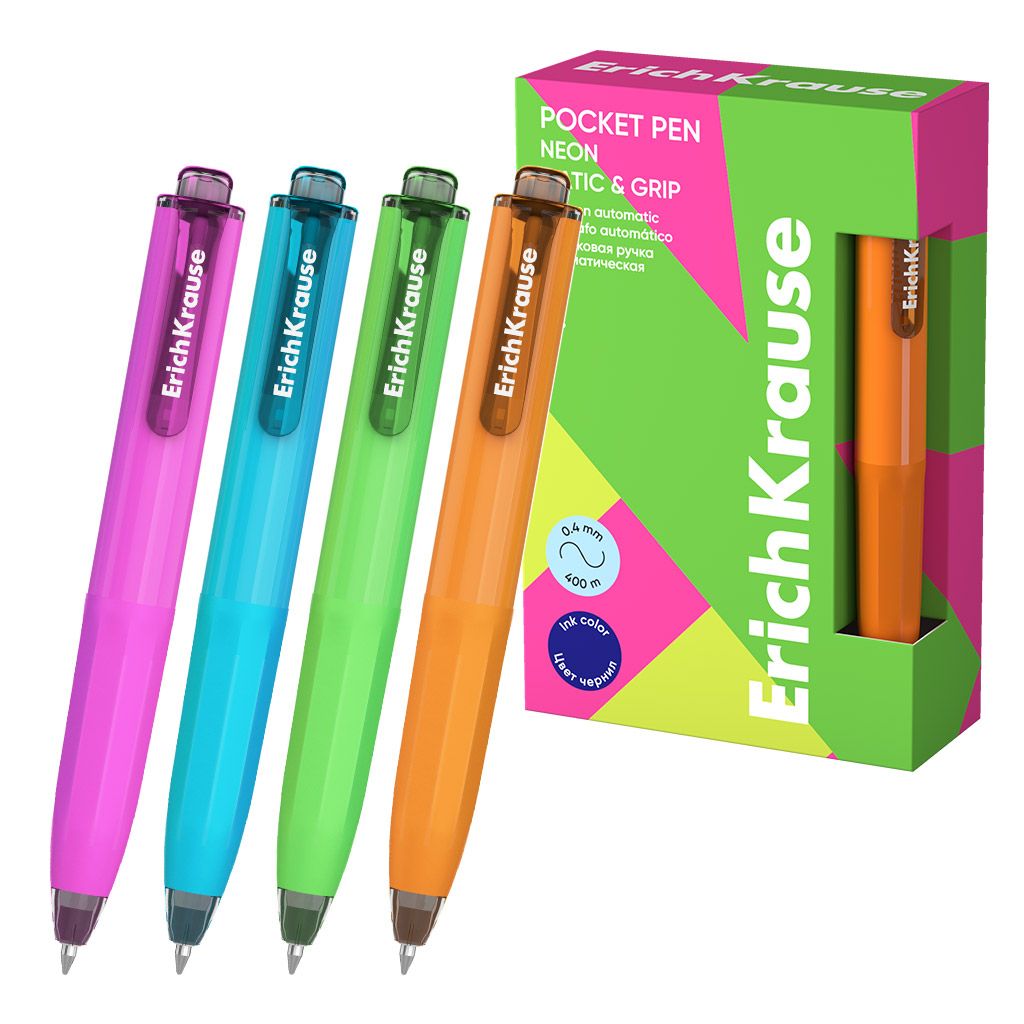 Ручка шар. EK автомат. Poсket Pen Matic&Grip Neon 0,5мм, синяя