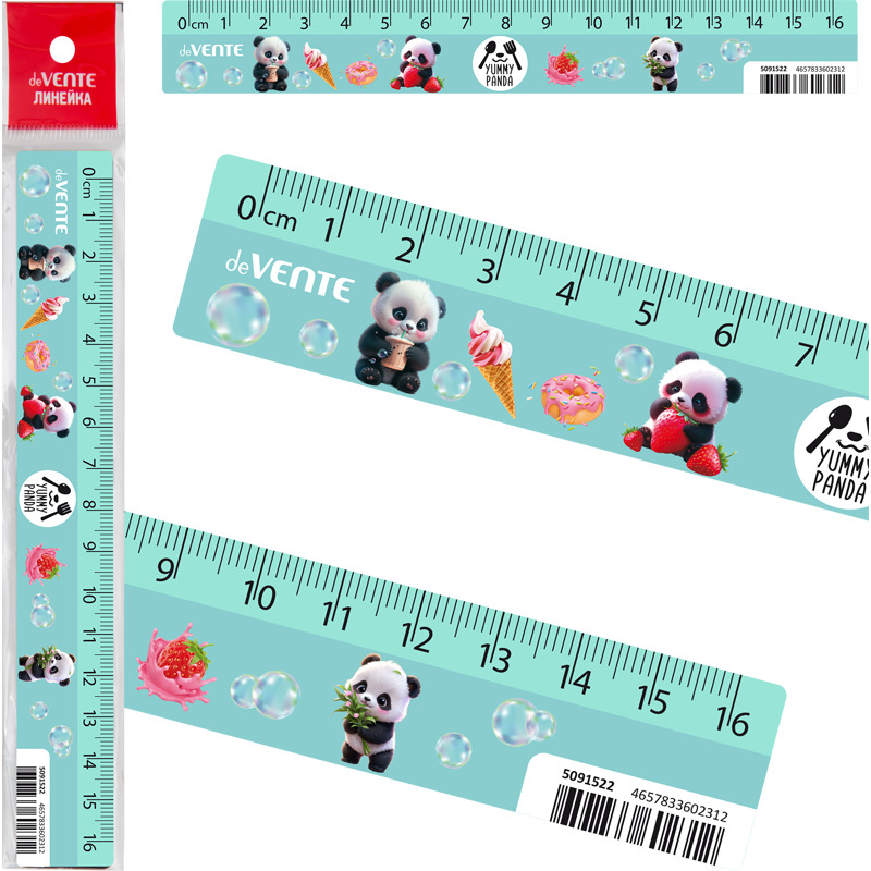 Линейка 16 см пластик. Yummy Panda , с цветным стикером deVENTE 249459