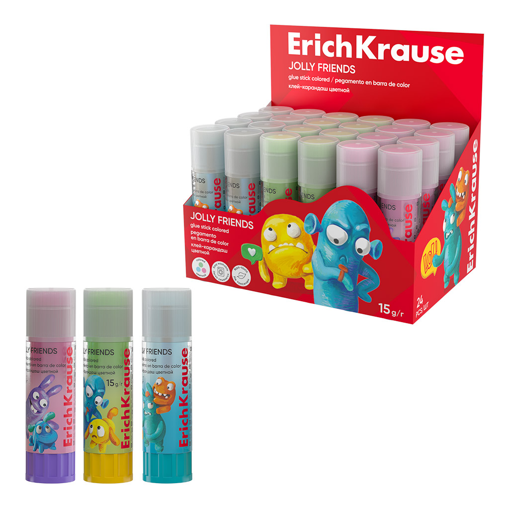 Клей карандаш Erich Krause EasyStick Jolly Friends 15 гр., цветной
