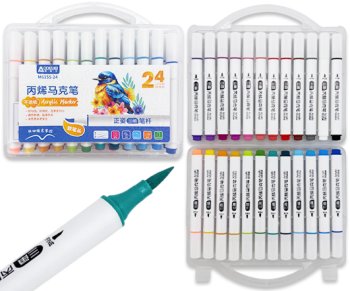 Маркер акриловый 24 цв. DM-74 1-5мм, кисть, белый 3хгранный корпус, в пластиковом боксе